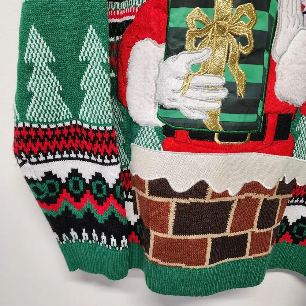 Ugly Christmas Sweater Mens XL Santa Drink Pocket Argyle Chimney Holiday Time